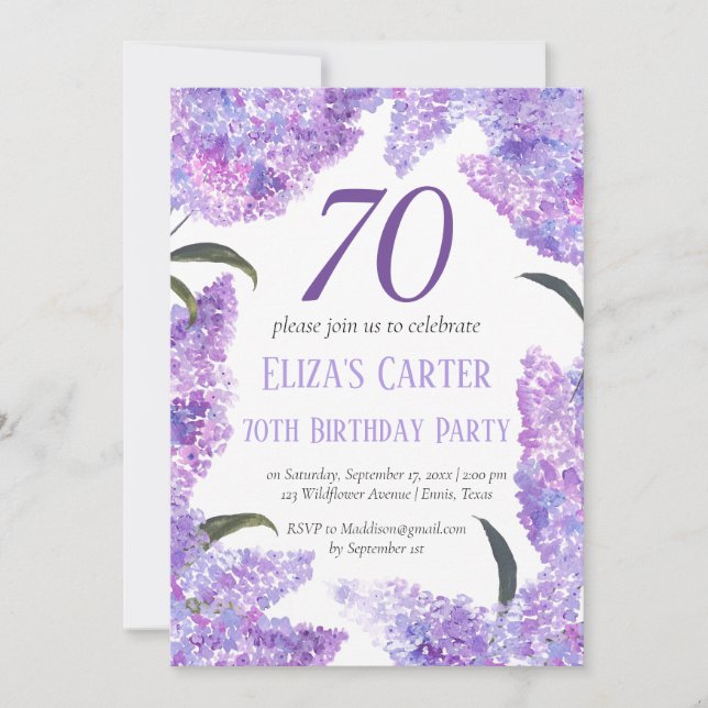 Invitación Purple Lilac 70.º cumpleaños floral elegante (Anverso)