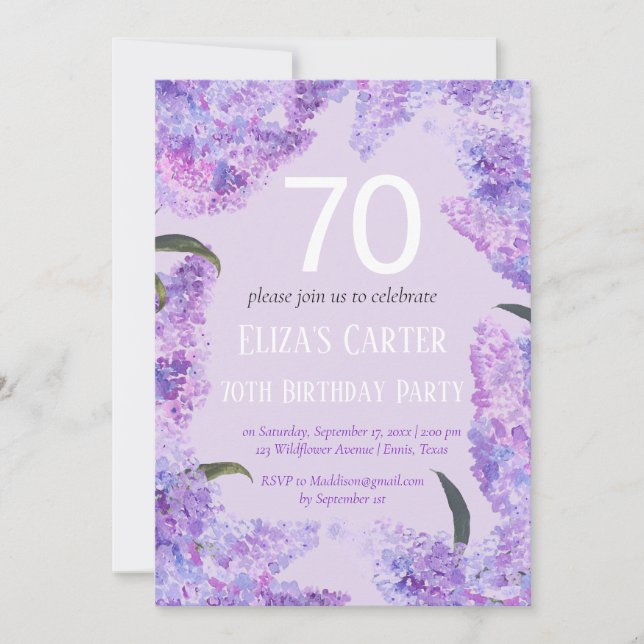 Invitación Purple Lilac 70.º cumpleaños floral elegante (Anverso)