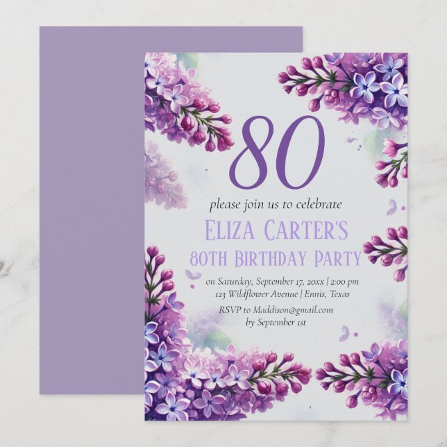 Invitación Purple Lilac 80º cumpleaños floral elegante (Anverso / Reverso)