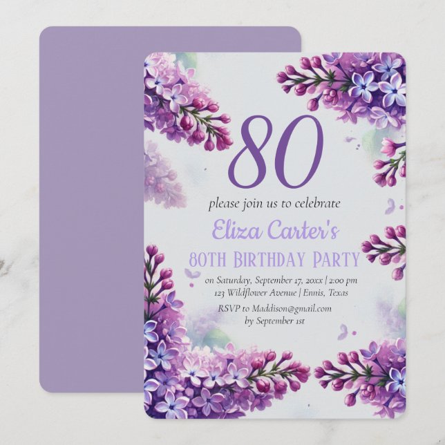 Invitación Purple Lilac 80º cumpleaños floral elegante (Anverso / Reverso)