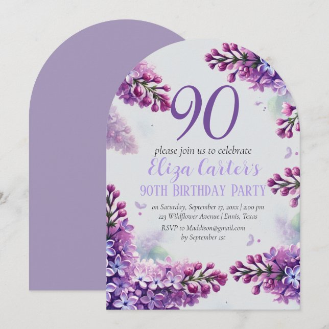 Invitación Purple Lilac 90º cumpleaños floral elegante (Anverso / Reverso)
