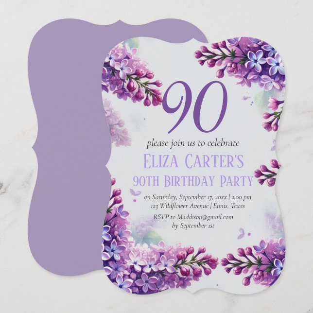 Invitación Purple Lilac 90º cumpleaños floral elegante (Anverso / Reverso)