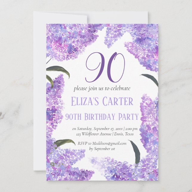 Invitación Purple Lilac 90º cumpleaños floral elegante (Anverso)