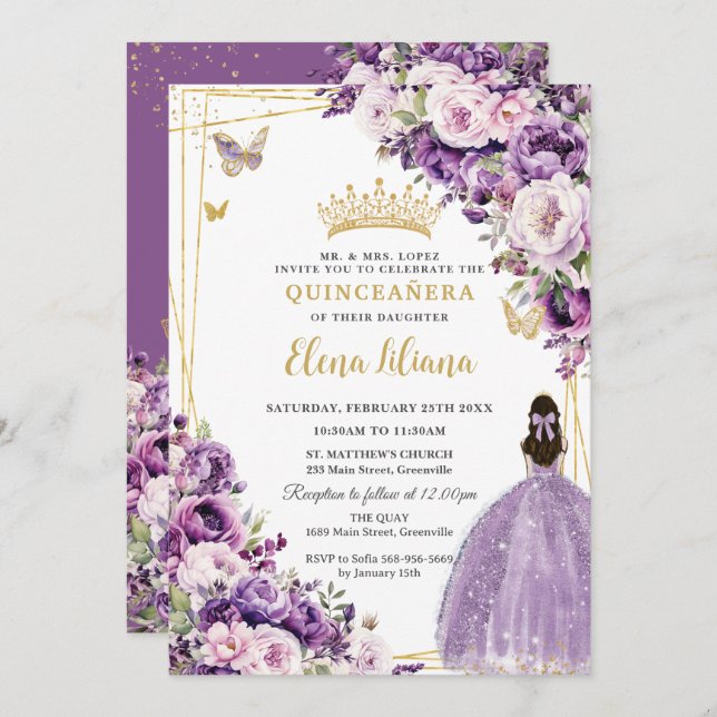 Invitación Purple Lilac Blush Floral Quinceanera 15 Sweet 16 (Anverso / Reverso)