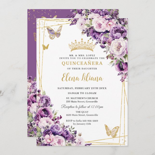 Invitación Purple Lilac Blush Floral Quinceanera 15 Sweet 16  (Anverso / Reverso)