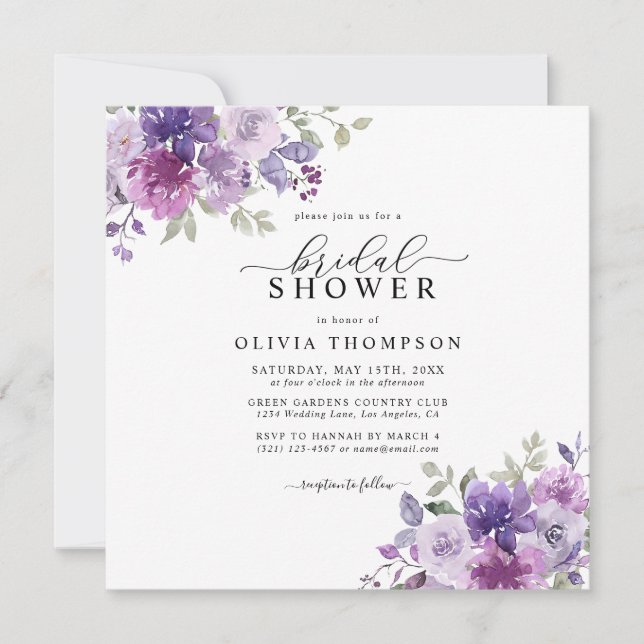 Invitación Purple Lilac Dusty Mauve Floral Bridal Shower Invi (Anverso)