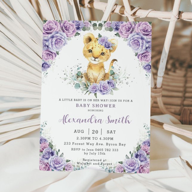 Invitación Purple Lilac Floral Adorable Lion Cub Baby Shower (Subido por el creador)