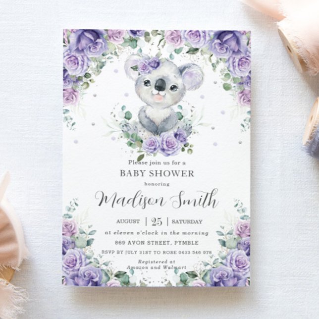 Invitación Purple Lilac Floral Cute Koala Baby Shower (Subido por el creador)
