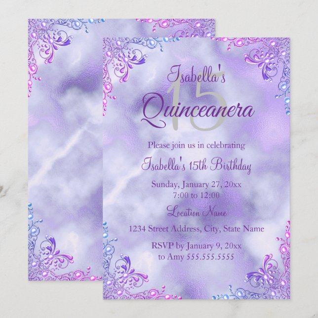 Invitación Purple Lilac Quinceanera 15th Silver Pearl Damask (Anverso / Reverso)