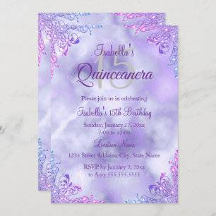 Invitación Purple Lilac Quinceanera 15th Silver Pearl Damask