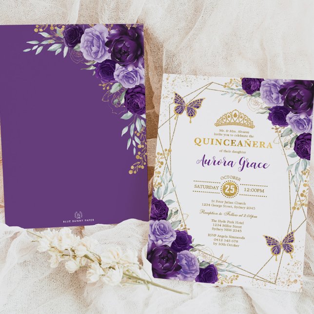 Invitación Purple Lilac Quinceañera Gold Tiara Geométrica (Subido por el creador)