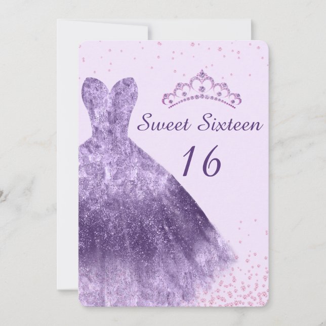 Invitación Purple Lilac Sweet 16 Fiesta Vestido 16 (Anverso)