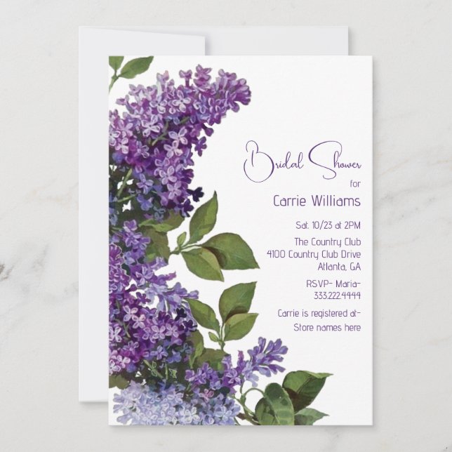 Invitación Purple Lilacs Bridal Shower (Anverso)