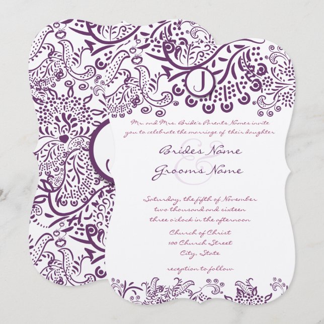 Invitación Purple Love Birds Fairy Tale Monogram Weddings (Anverso / Reverso)