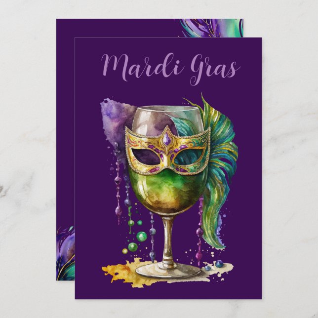 Invitación Purple Mardi Gras Mask  (Anverso / Reverso)