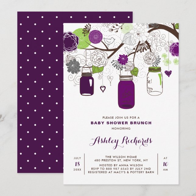 Invitación Purple Mason Jars Floral Baby Shower Brunch (Anverso / Reverso)
