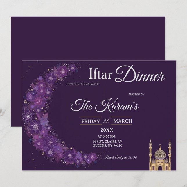 Invitación Purple Minimal Mosque Ramadan Iftar Party  Invit (Anverso / Reverso)