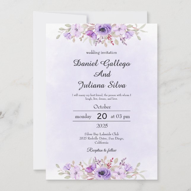 Invitación Purple Minimalist Floral Wedding Invitations (Anverso)