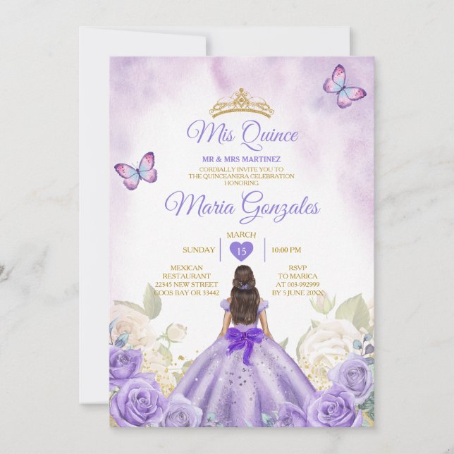 Invitación Purple Mis Quince Lavender 15 Anos Silver Crown (Anverso)