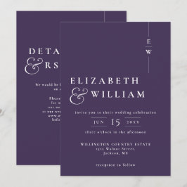 Invitación Purple Modern Elegant Monograma Boda QR Código