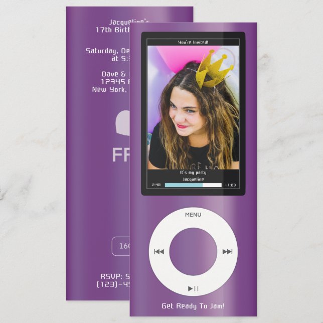 Invitación Purple MP3 Music Player II Birthday (Anverso / Reverso)