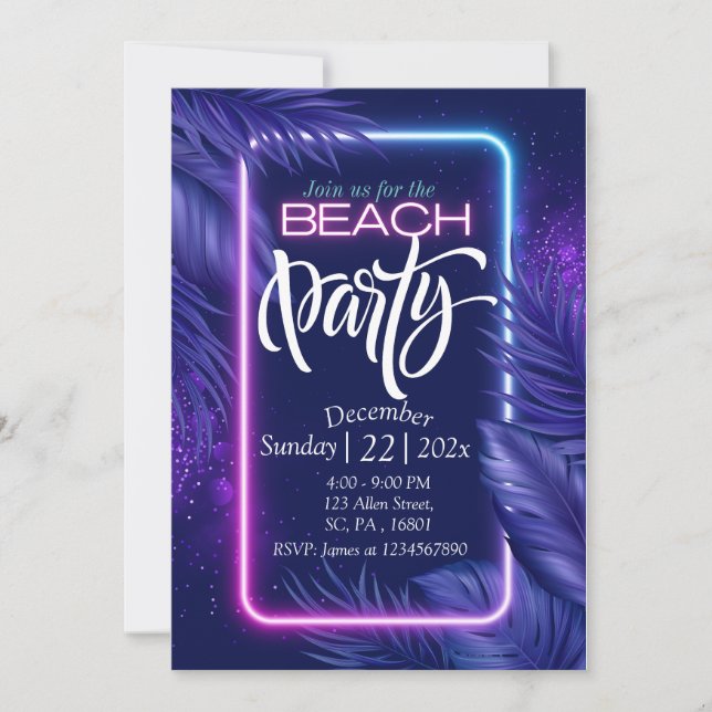 INVITACIÓN PURPLE NEON NEON GLOW EN LA OSCURA PLAYA FIESTA IN (Anverso)