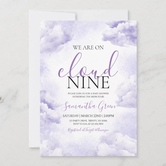 Invitación Purple On Cloud 9 Baby Shower (Anverso)