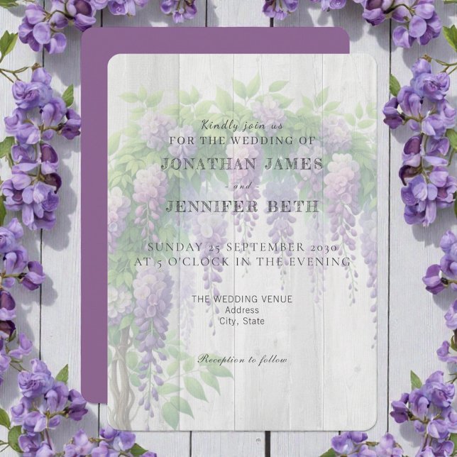 Invitación Purple on Wood Wisteria Floral Wedding Invitation (Subido por el creador)