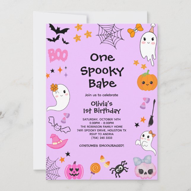 Invitación Purple One Spooky Babe Chica Halloween 1er cumplea (Anverso)