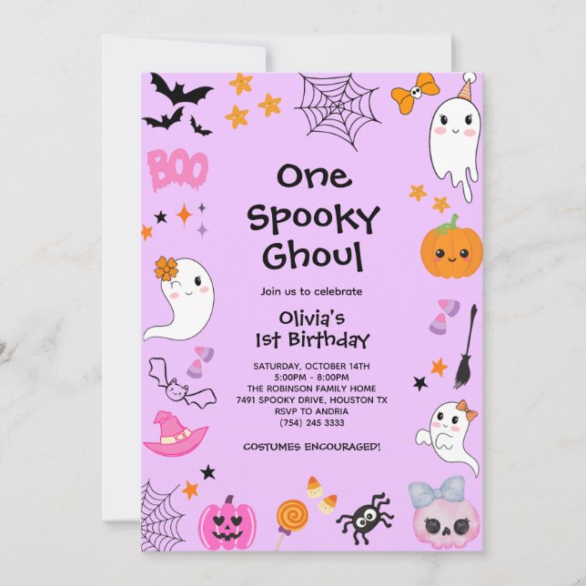 Invitación Purple One Spooky Ghoul Halloween 1er cumpleaños (Anverso)