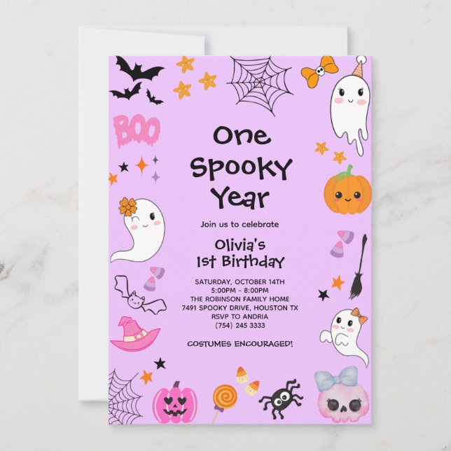 Invitación Purple One Spooky Year Cute Halloween 1er cumpleañ (Anverso)