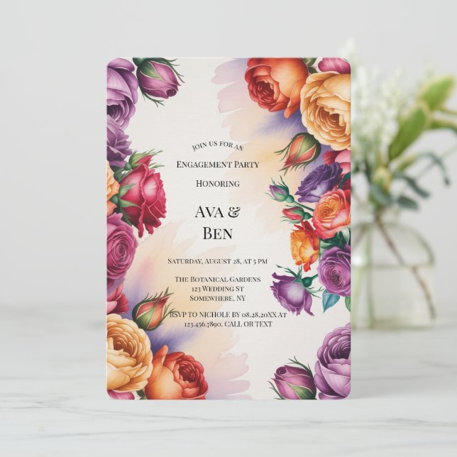Invitación Purple Orange and Red Roses Engagement Party (Anverso de pie)