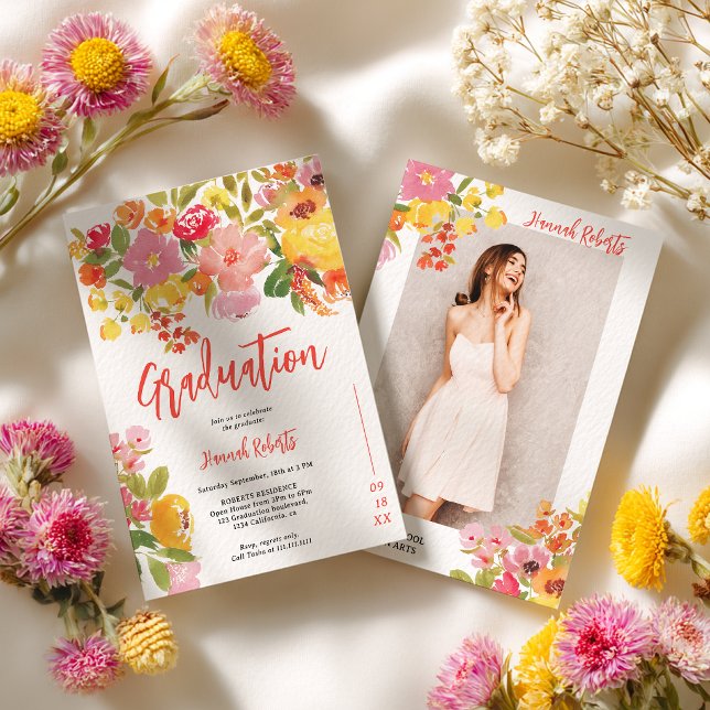 Invitación Purple Orange photo Boho floral graduation (Purple Orange photo Boho floral graduation Invitation)