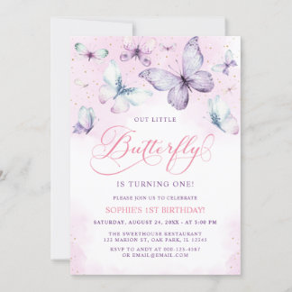 Invitación Purple Out Little Butterfly Baby Girl Primer cumpl