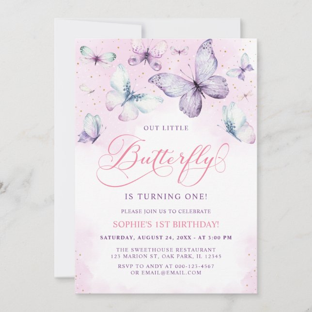 Invitación Purple Out Little Butterfly Baby Girl Primer cumpl (Anverso)