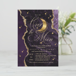 Invitación  Purple Over the Moon Gold Stars Baby Shower 