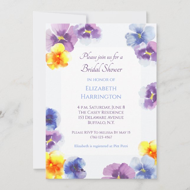 Invitación Purple Pansies Boho Hand-Illustrated Bridal Shower (Anverso)