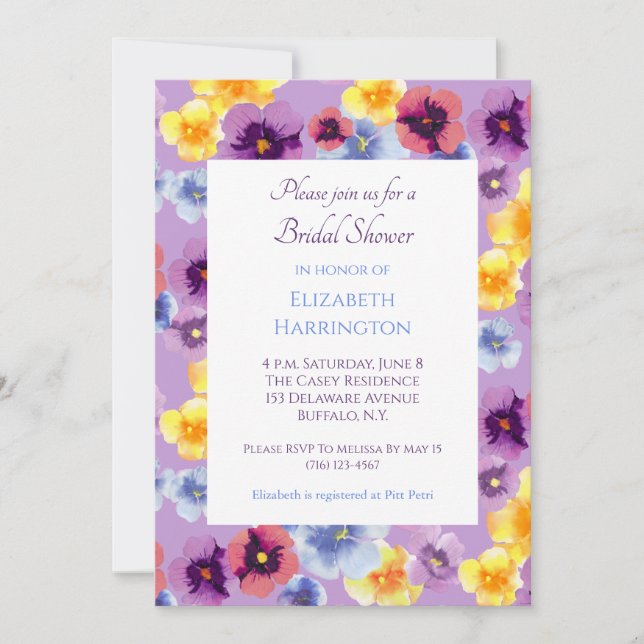 Invitación Purple Pansies Lavender Floral Bridal Shower (Anverso)