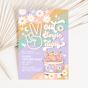 Invitación Purple Peace Out Single Digit Groovy 10 cumpleaños