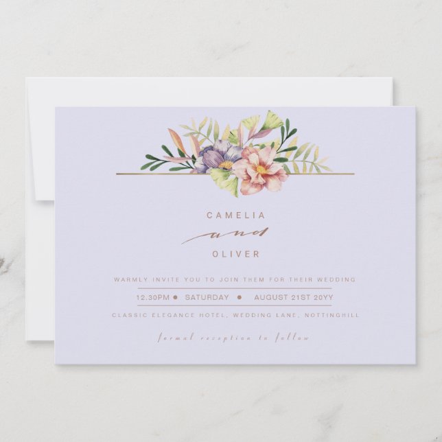 Invitación Purple Peach Summer Floral Wedding Invitar código  (Anverso)