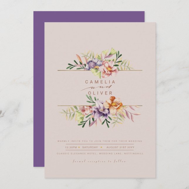 Invitación Purple Peach Summer Floral Wedding Invitar código  (Anverso / Reverso)