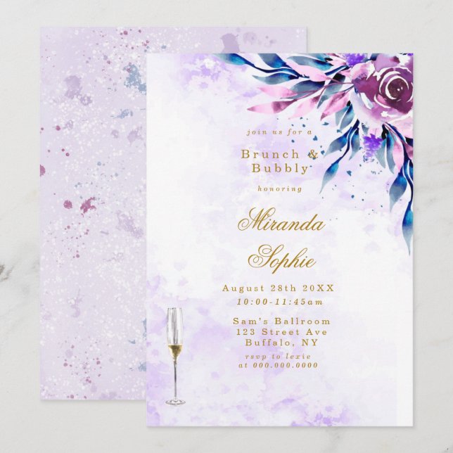 Invitación Purple Peony Gold Brunch & Bubbly (Anverso / Reverso)