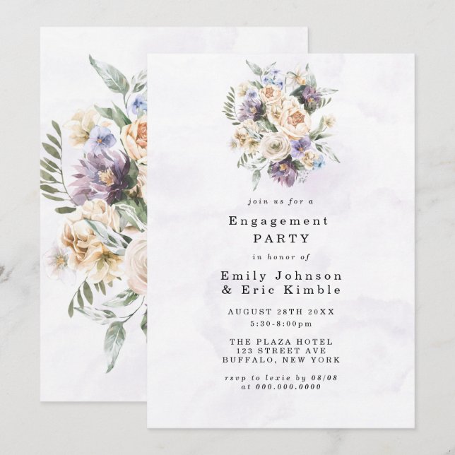 Invitación Purple Peony Wildflowers Rustic Engagement Party (Anverso / Reverso)