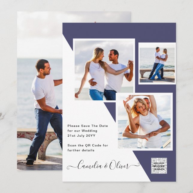 Invitación Purple PHOTO WEDDING Invite QR Code Save Date (Anverso / Reverso)