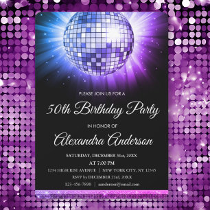 Invitación Purple Pink 50th Birthday Party Silver Disco Ball