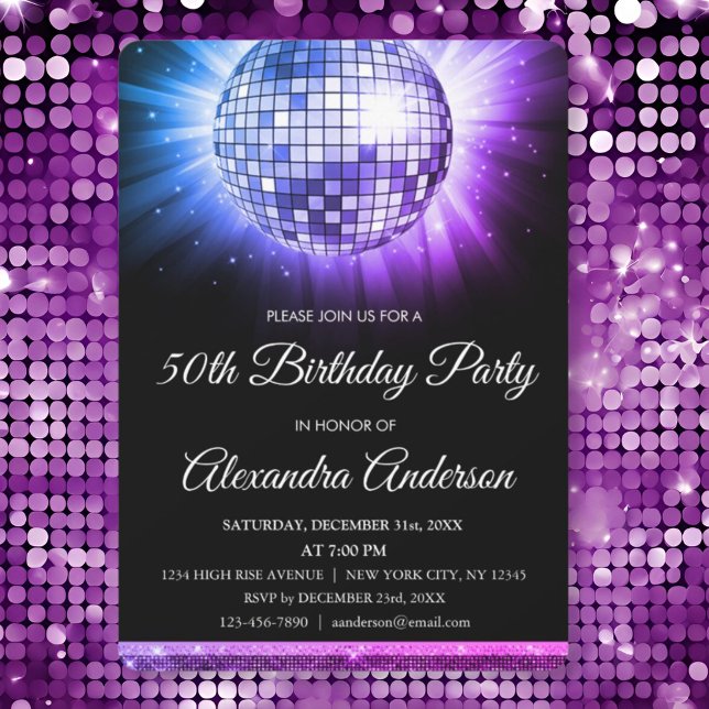 Invitación Purple Pink 50th Birthday Party Silver Disco Ball (Subido por el creador)