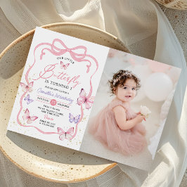 Invitación Purple Pink Bow Butterfly Girl Birthday Photo
