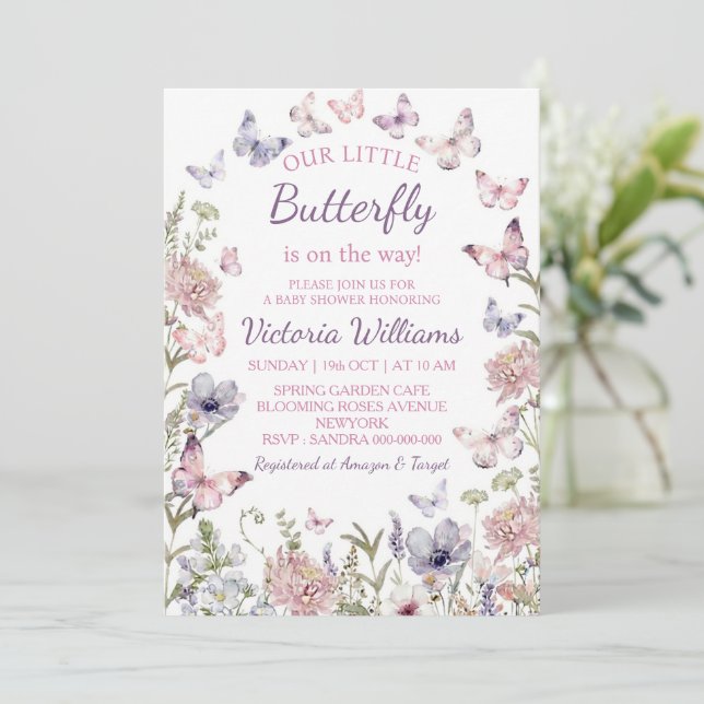 Invitación Purple Pink Butterfly Baby Girl Baby Shower (Anverso de pie)