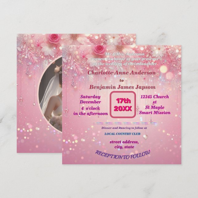 Invitación Purple Pink Dripping Faux Purpurina floral (Anverso / Reverso)