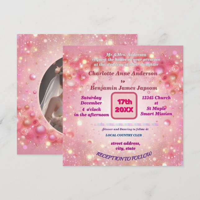 Invitación Purple Pink Dripping Faux Purpurina floral (Anverso / Reverso)